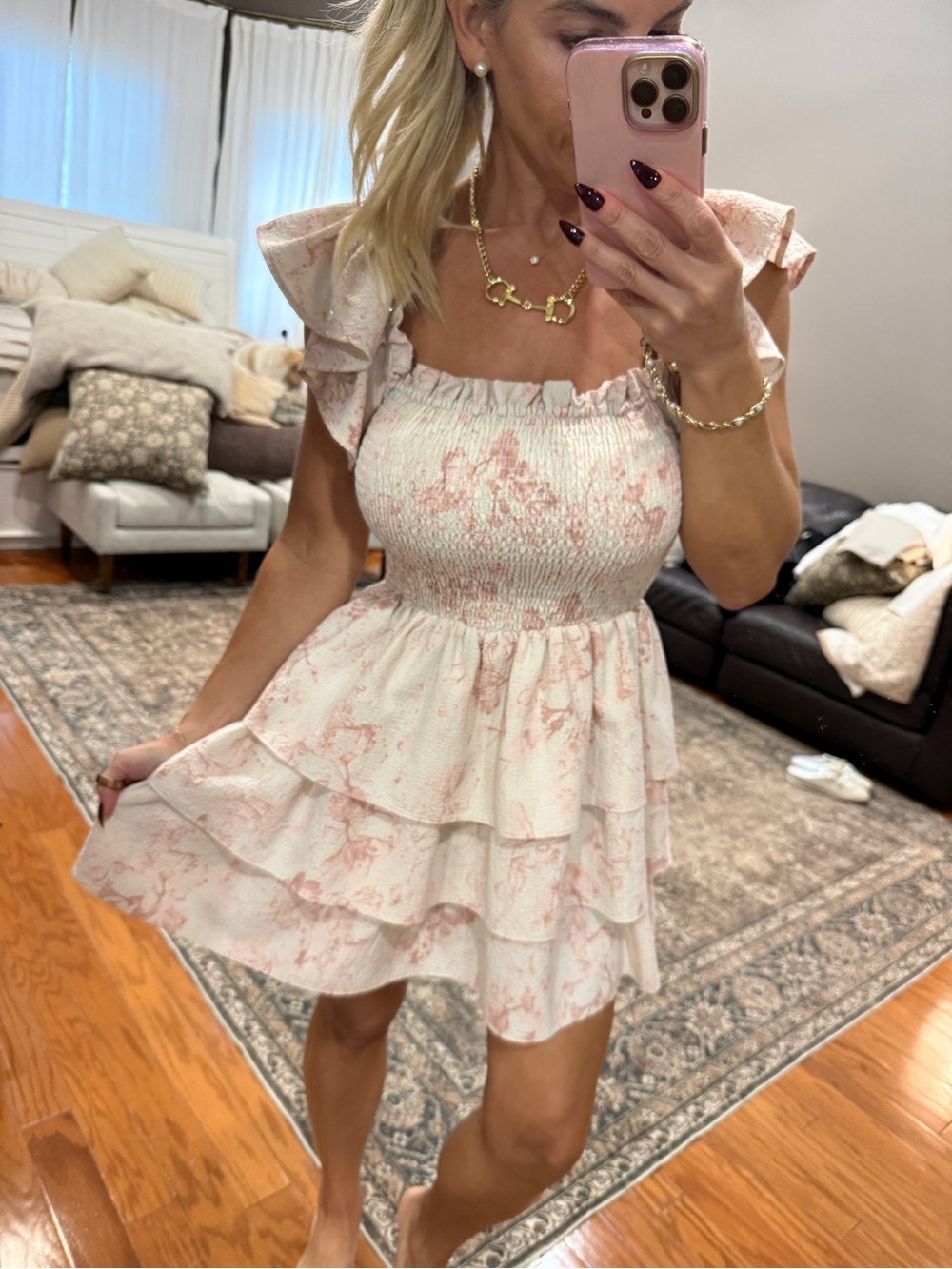 Express Pink and White Smocked Tiered Mini Dress
